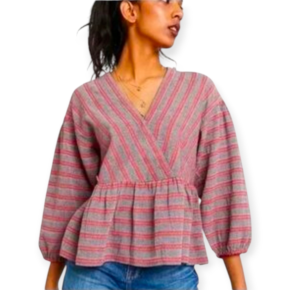 Madewell Striped Bubble-Sleeve Peplum Top  Women's Size  Small Boho Flare Sleeve